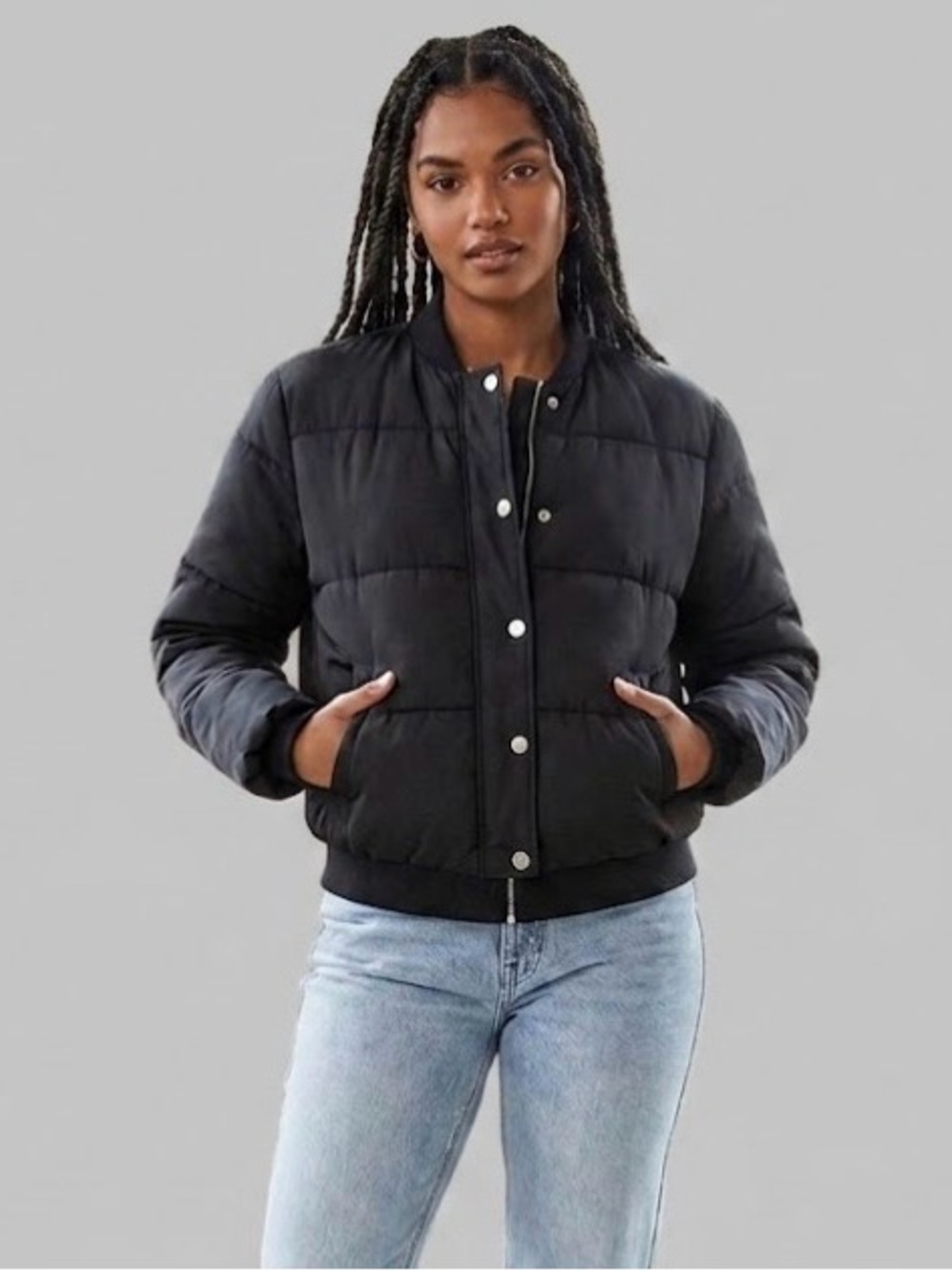 Forever 21 Black Puffer Bomber Jacket - Full Zip & Snap Front